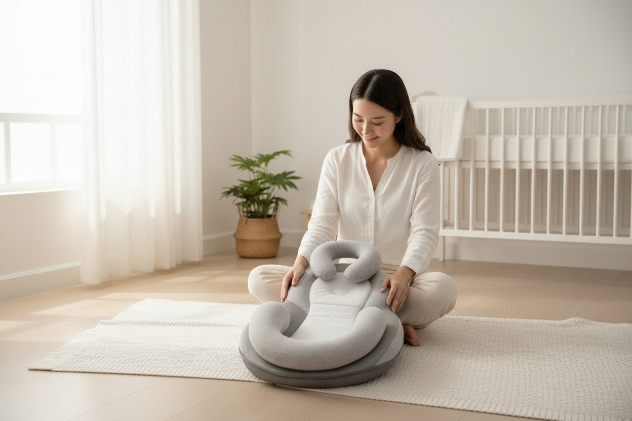 SwiftCart grey and white baby anti-spit up pillow with memory foam and cotton, 15° incline for digestion